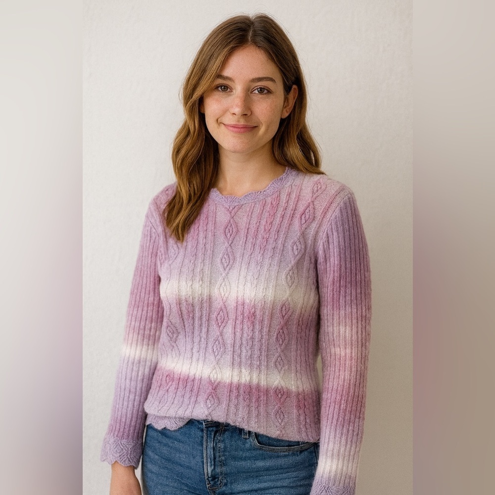 Vintage Alfred Dunner Sweater Ombré Lavender Lilac White Crochet Oversiz…​​